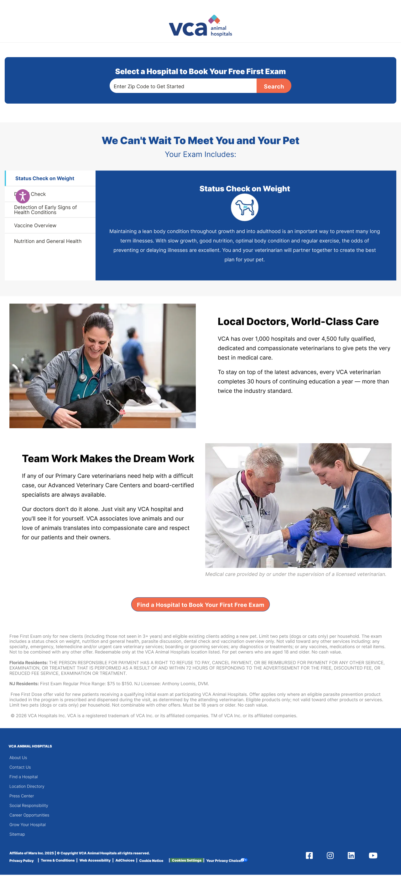 VCA Animal Hospitals Free First Exam landing page