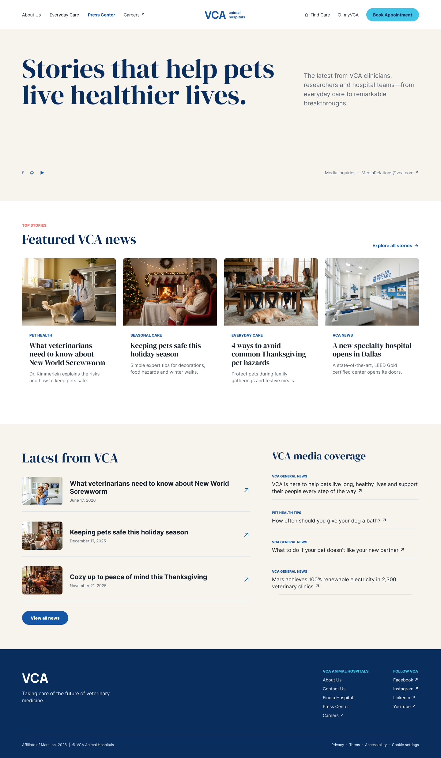 VCA Press Center — Editorial iteration with clean typographic hierarchy
