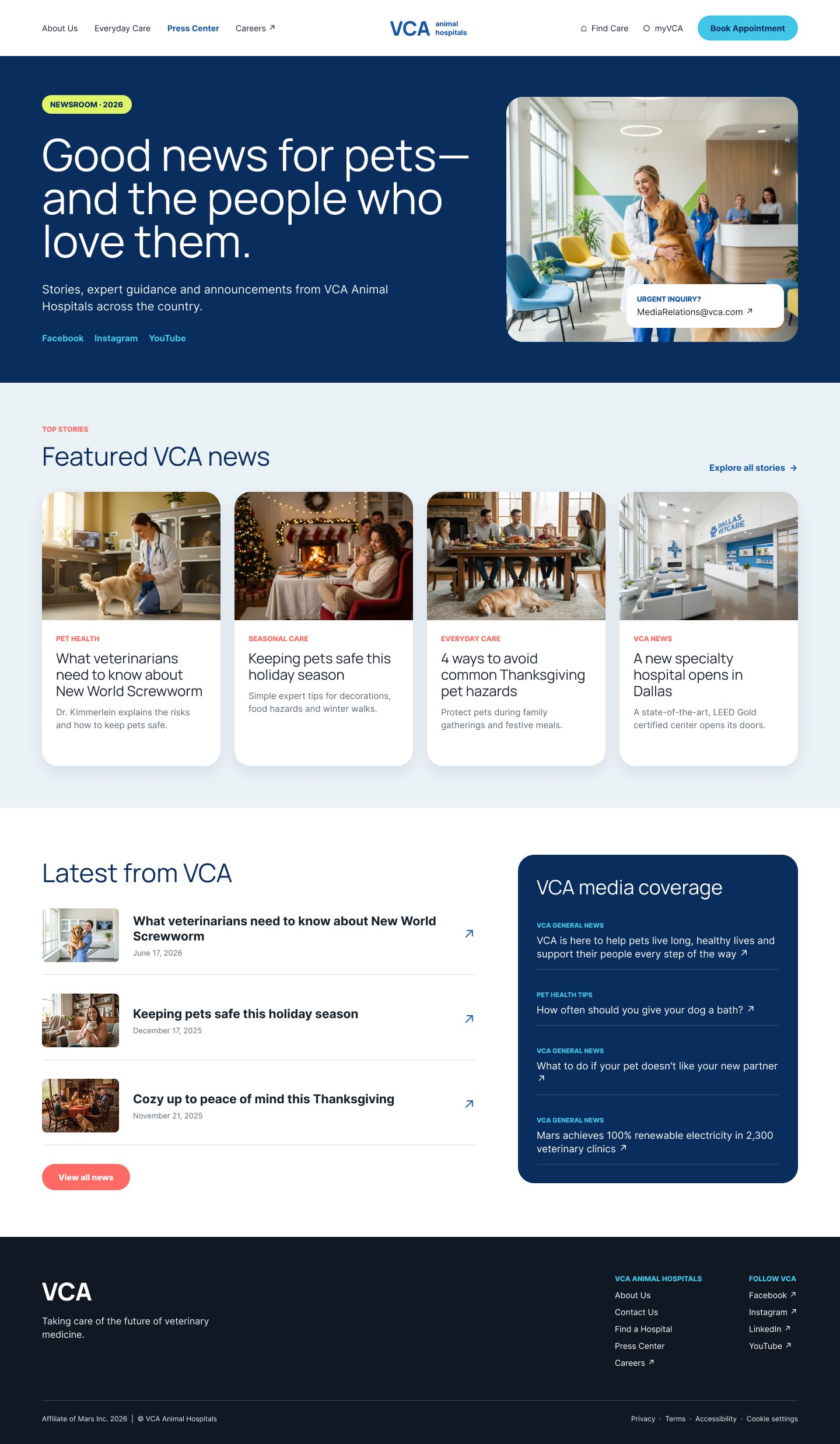 VCA Press Center — Vibrant iteration with navy hero and photo-forward layout