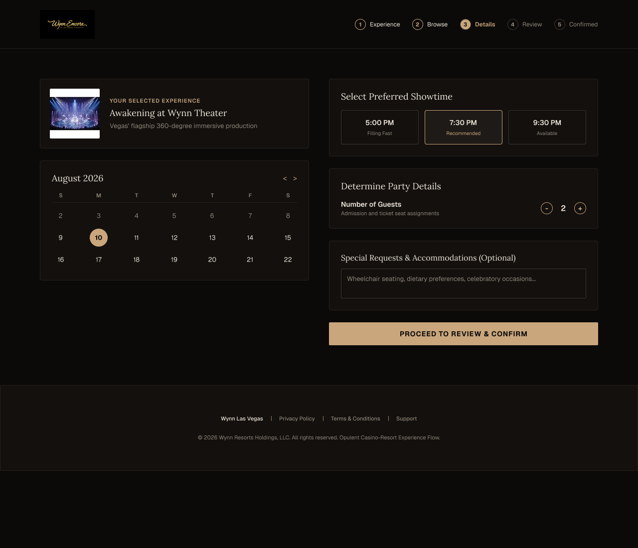 Select date and party size screen