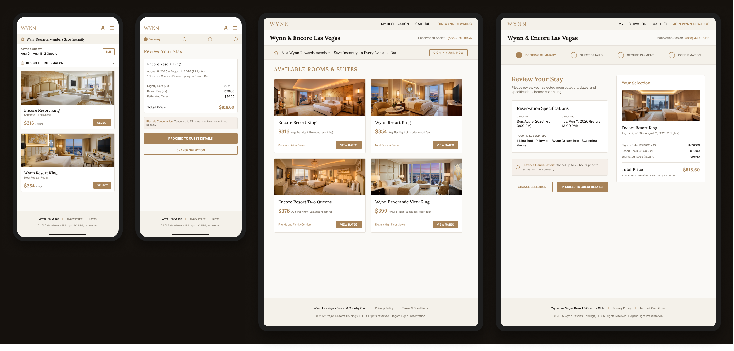 Wynn Las Vegas booking flow across mobile and desktop devices